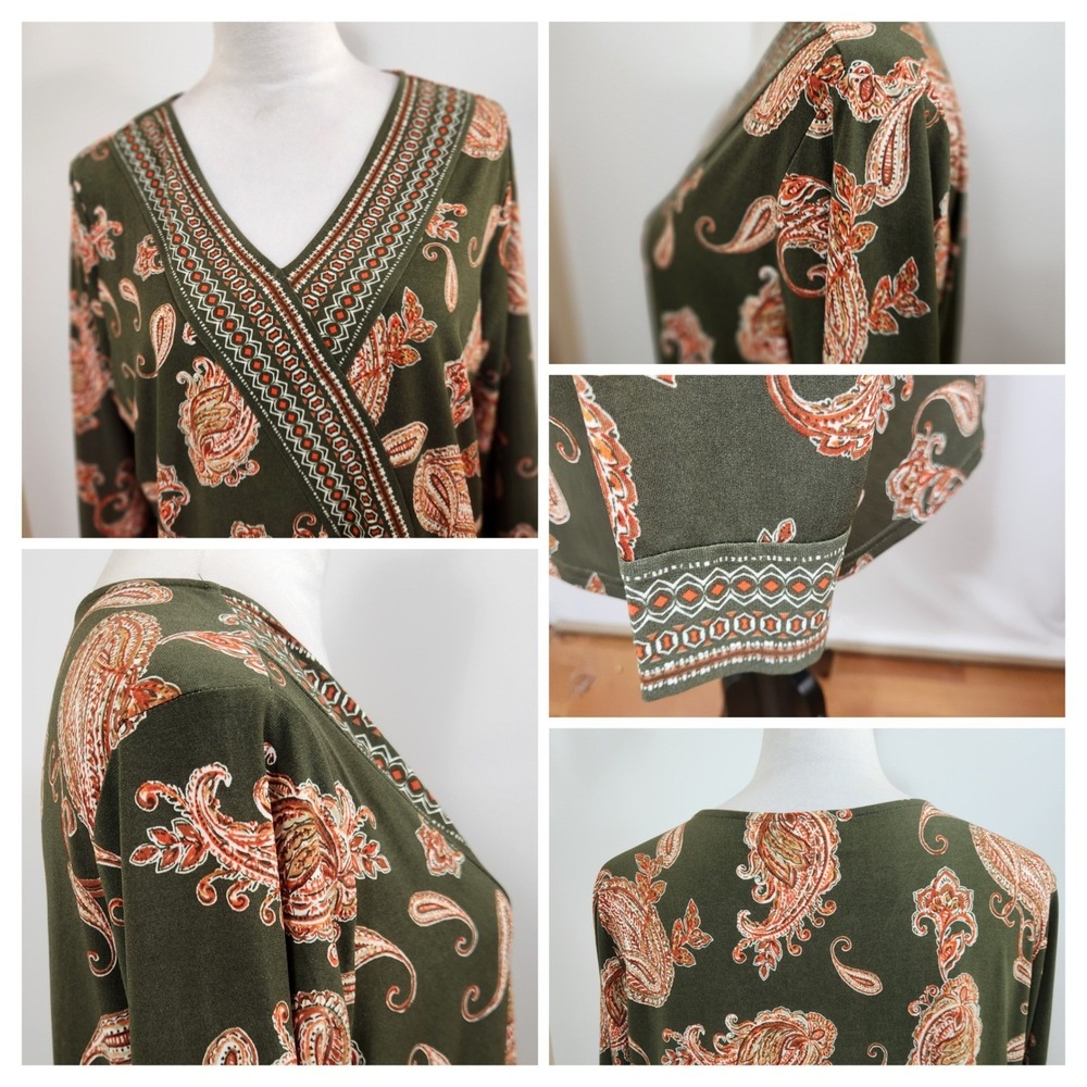 Belle Kim Gravel Women's Olive Green Paisley Print Long Sleeve V Neck Top Size L - Picture 5 of 9